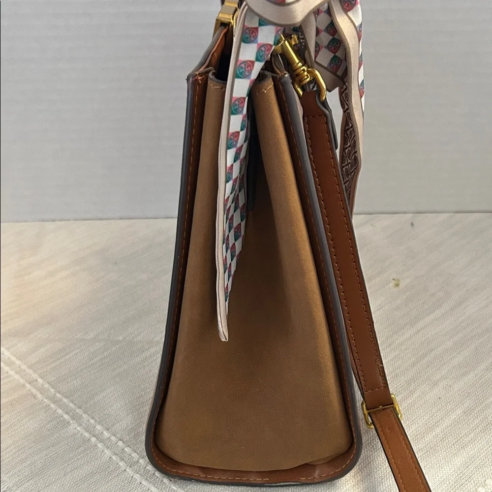 Tory Burch $700 Tan Eleanor Spazoletto Satchel with Gold Logo and Ribbon